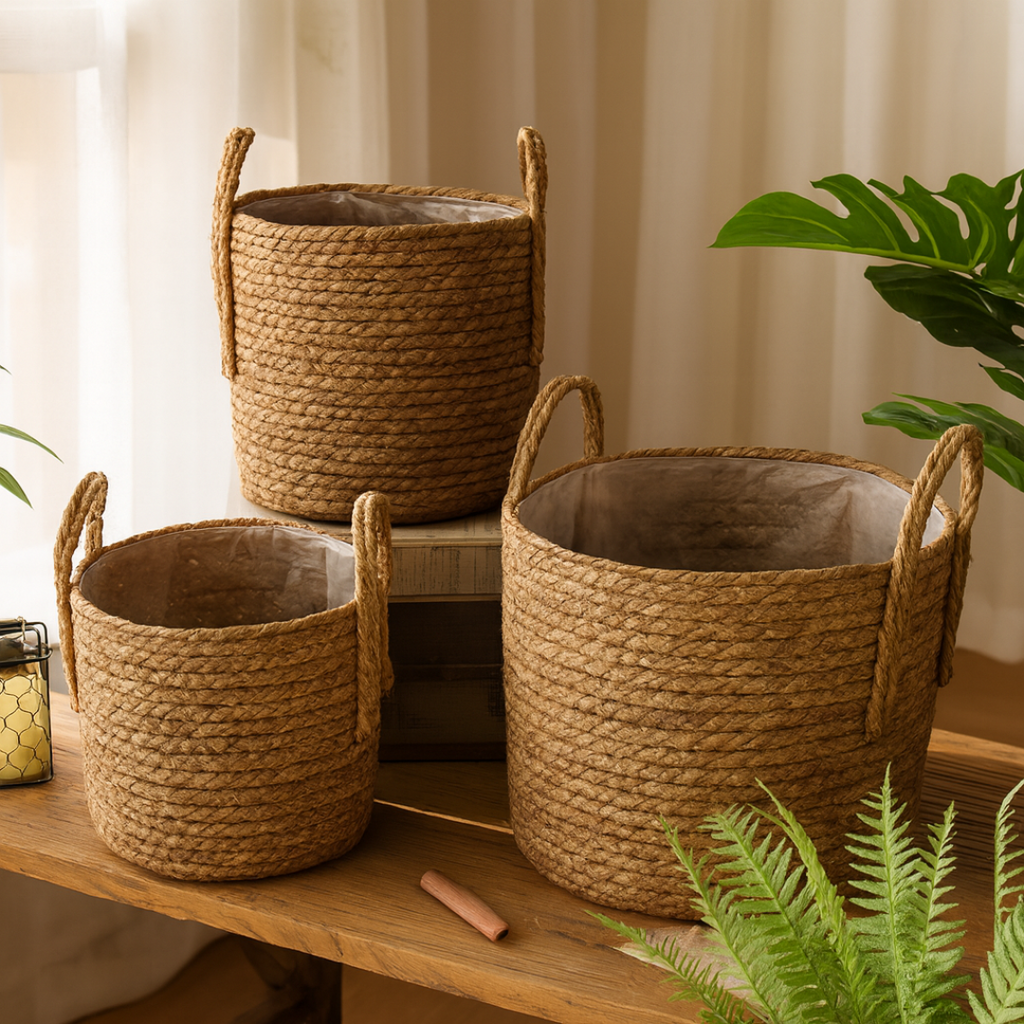 Handwoven Straw Planter Baskets